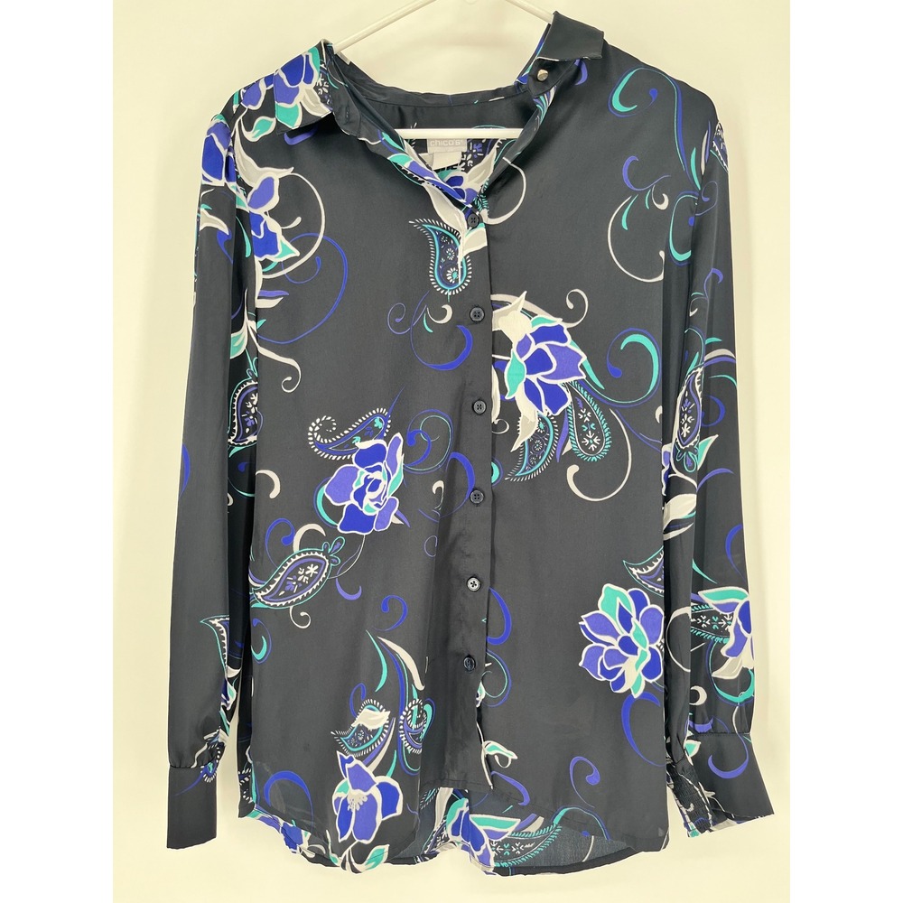CHICO'S Button Down Shirt Medium 8/10 Black Floral Paisley Long Sleeve Top Chic